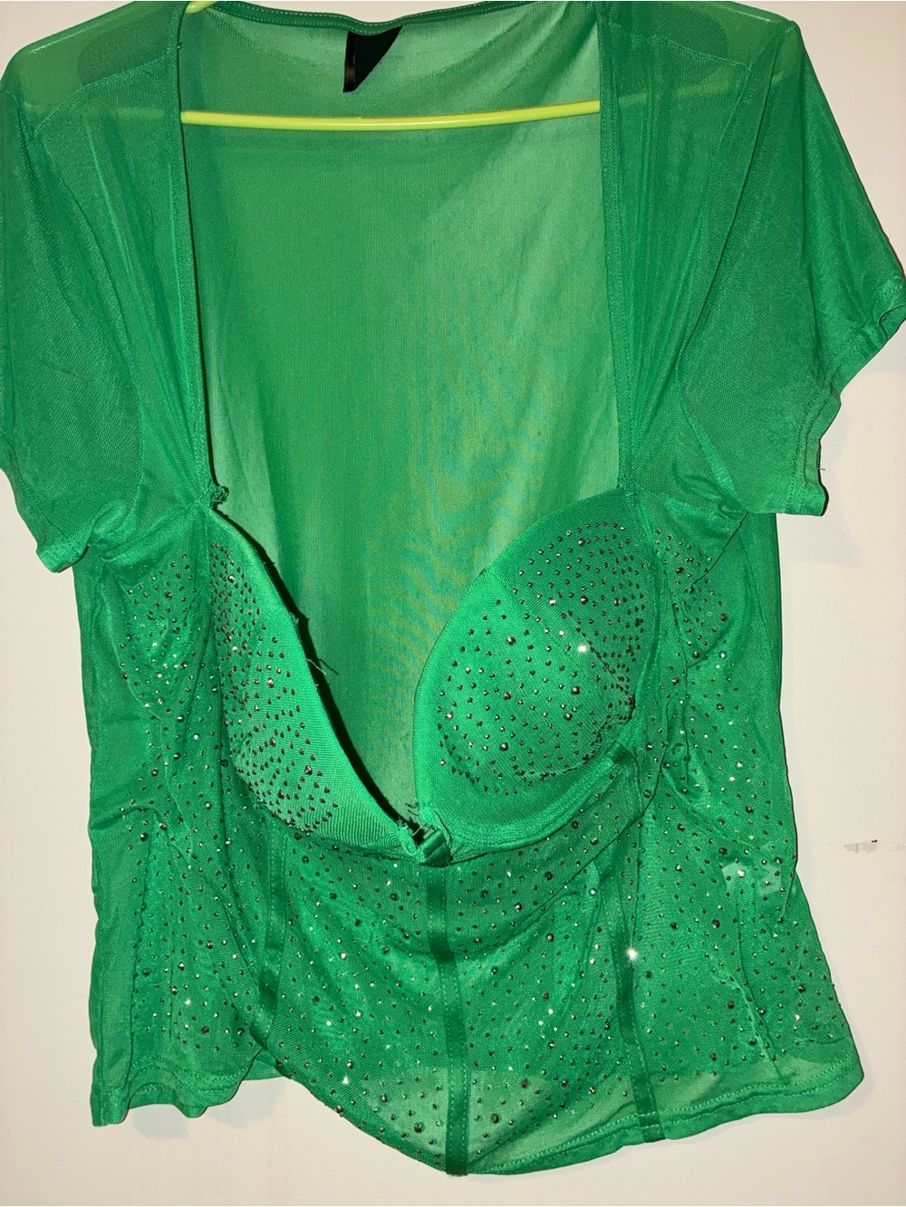 Embellished Green Mesh Bra Top with Rhinestone Detail